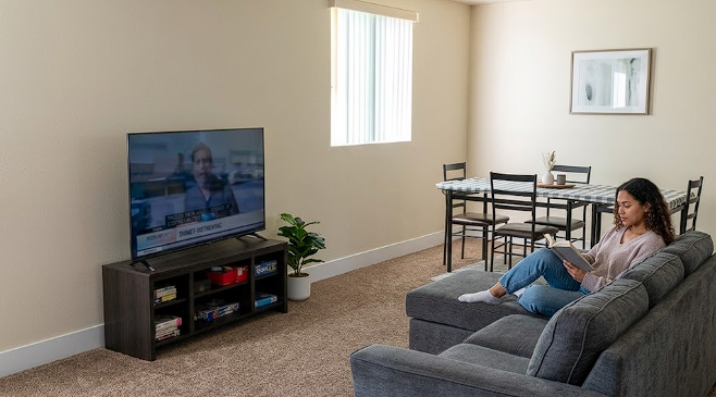 Common room at a women's shared housing home in Los Angeles.